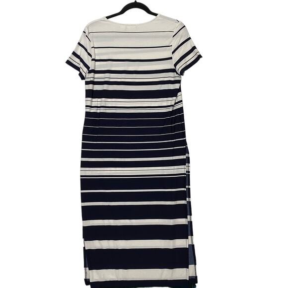 Chico's Navy Blue White Stripe Shift Short Sleeve Midi Dress Size 8 - Picture 5 of 6